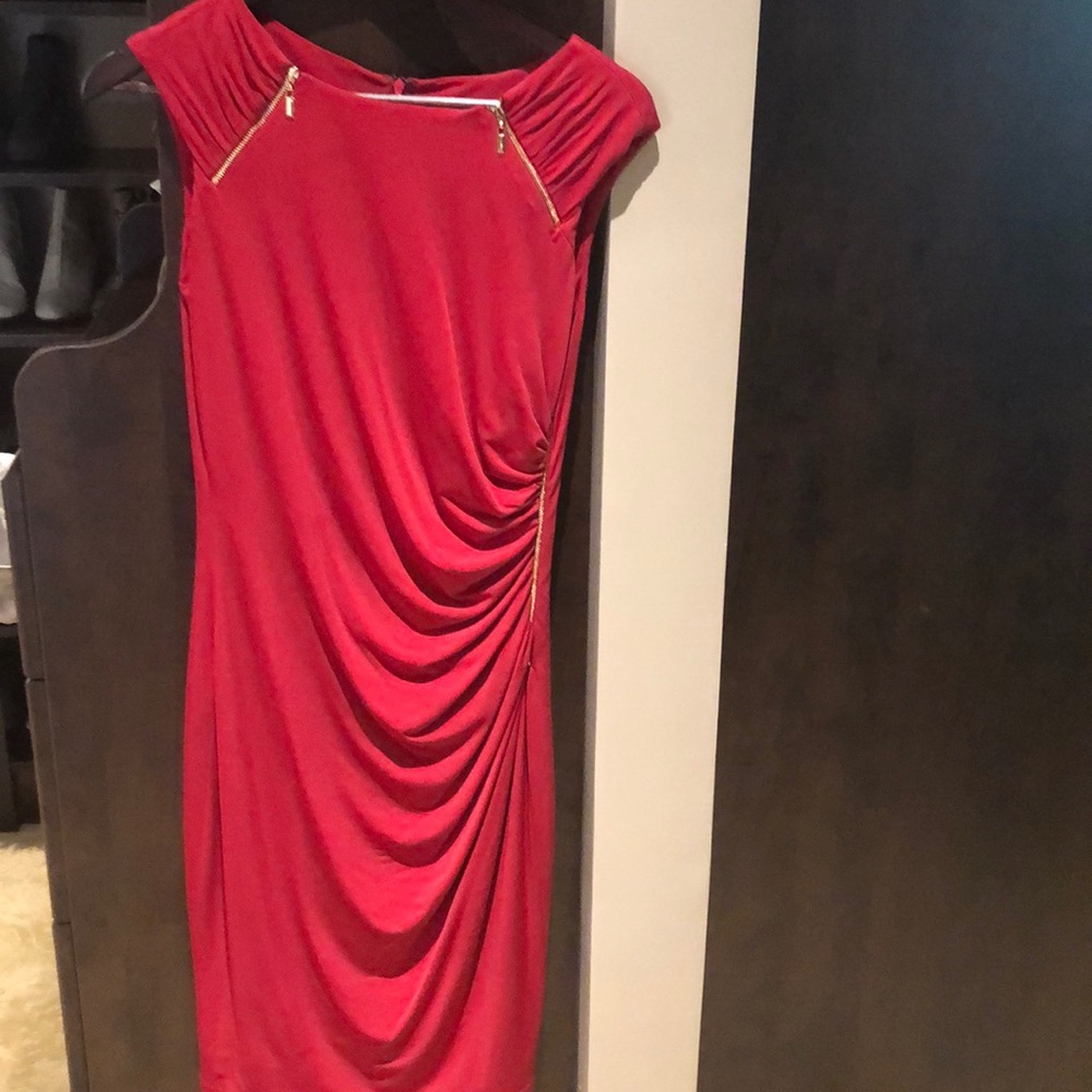 Cache red ruched side dress with zippers